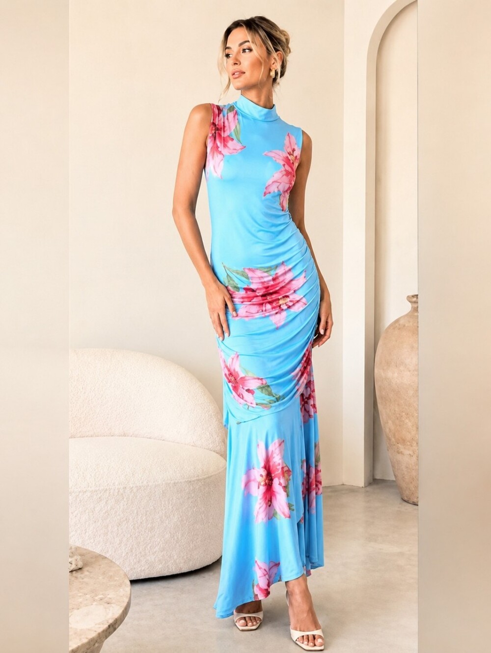 NWT Thirty Thirty Floral Maxi Dress Size M Ruched Bodycon High Neck
